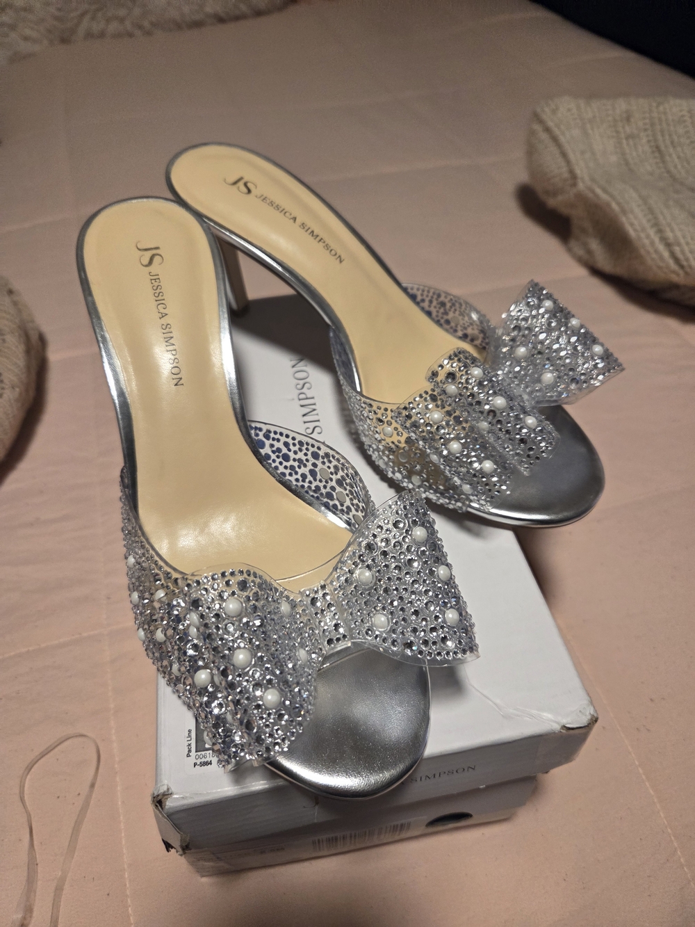 Jessica Simpson Silver Embellished Bow Slide Heels